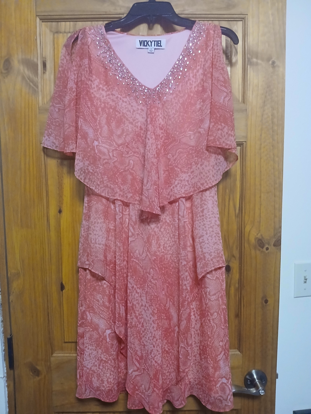 Vtg Vickytiel Coral Layered Midi Dress with Embellished V-Neck